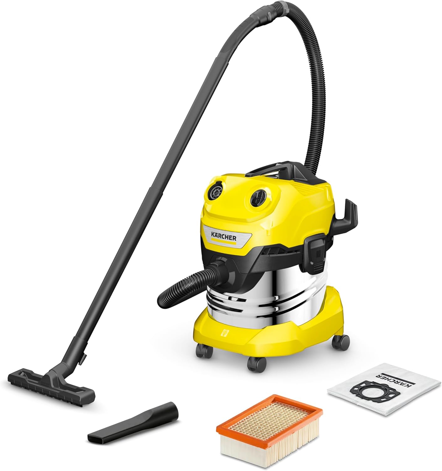 Karcher WD 4 S V-20/5/22 Nass-& Trockensauger, 20 l Edelstahlbehälter, 1000 W, 5 m Kabel, 2,2 m Saugschlauch, Clips-Bodendüse, „Pull & Push“-Verschlusssystem, Gelb