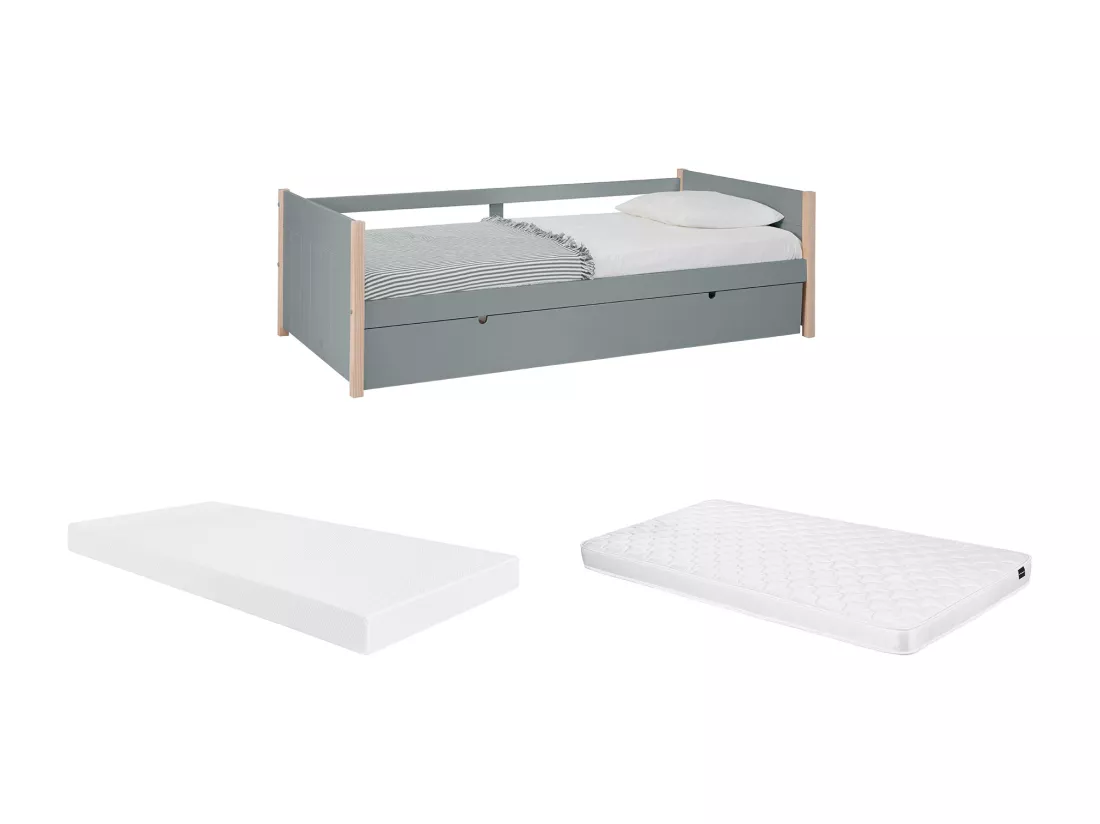 Lit gigogne 2 x 90 x 190 cm - MDF, pin et métal - Vert et naturel + Matelas - MAREKI