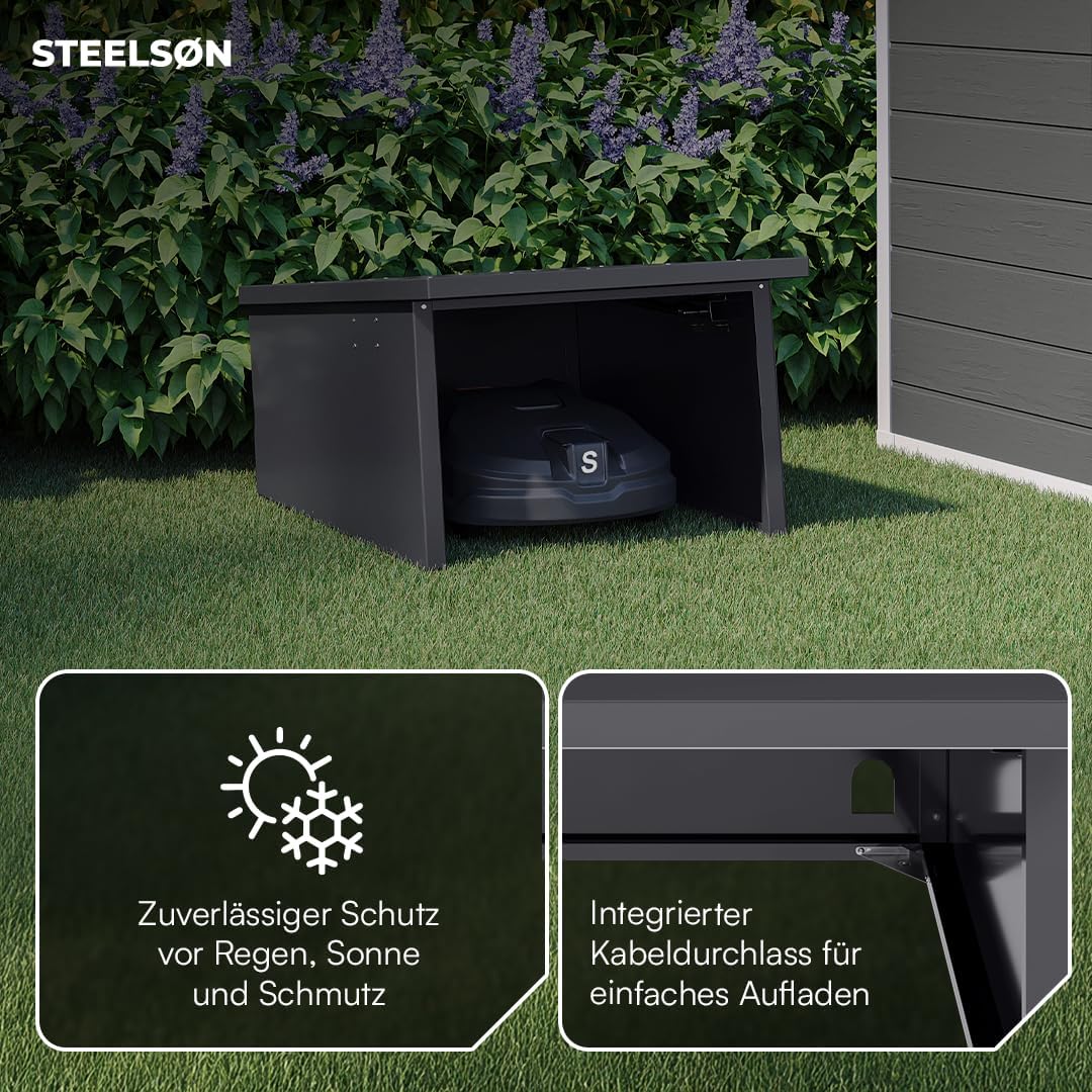 STEELSØN Drakon Mähroboter Garage Anthrazit – Rasenmähroboter Überdachung aus verzinktem Stahl – Rasenmäher Roboter Haus aufklappbares Pultdach – Rasenmäher Garage UV- & wetterbeständig 53/42x77x90 cm