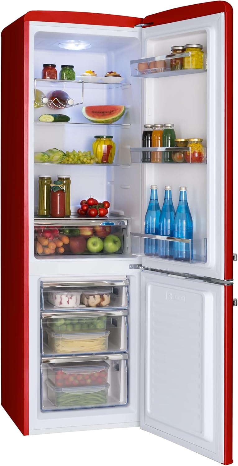 Amica KGCR 387 101 R Retro Kühl-/Gefrierkombination/Rot / 181cm (H) x 55cm (B) x 62cm (T) / Retro-Design/Kühlschrank mit Gefrierfach