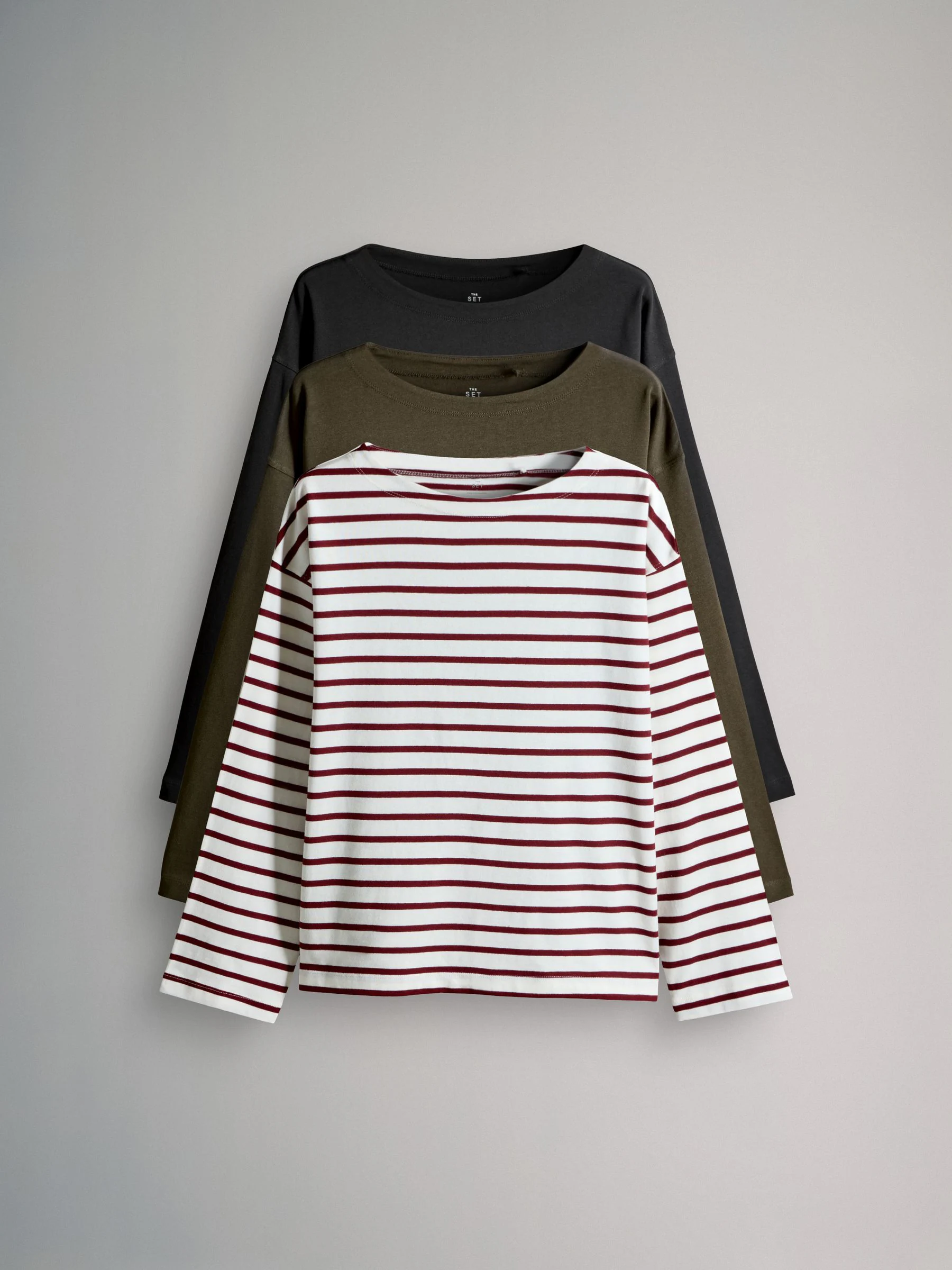 Zwart/Strepen/Kaki - The Set 3 Pack Boat Neck Heavyweight T-shirts