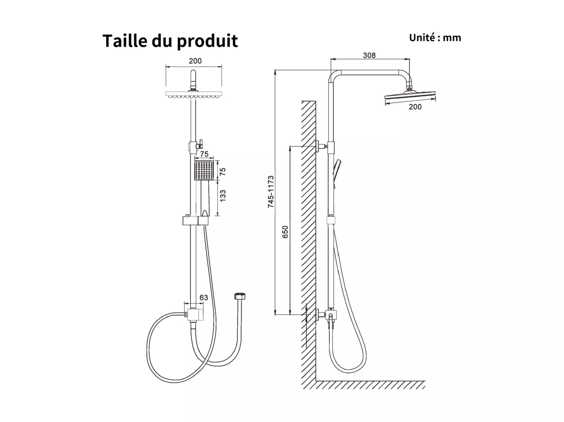 Colonne de Douche Noir Système de Douche avec Douchette Set Kit de Douche sans Mitigeur en Acier Inox Réglable en Hauteur