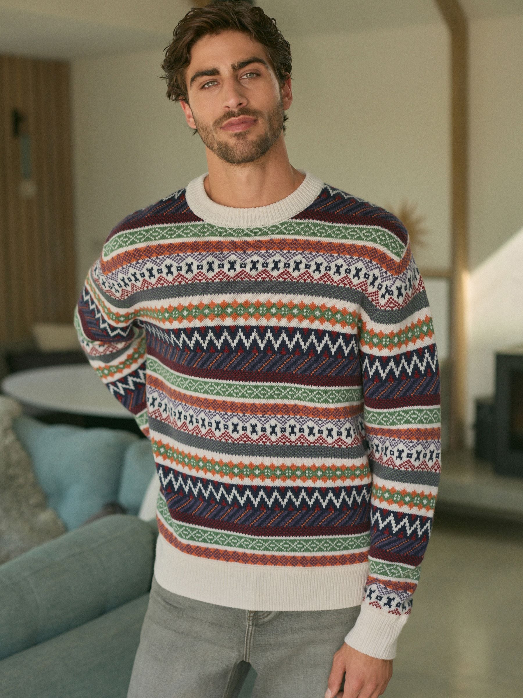 Meerkleurig/ecru-wit - Ronde hals - Regular-fit trui met fair isle-patroon en wol