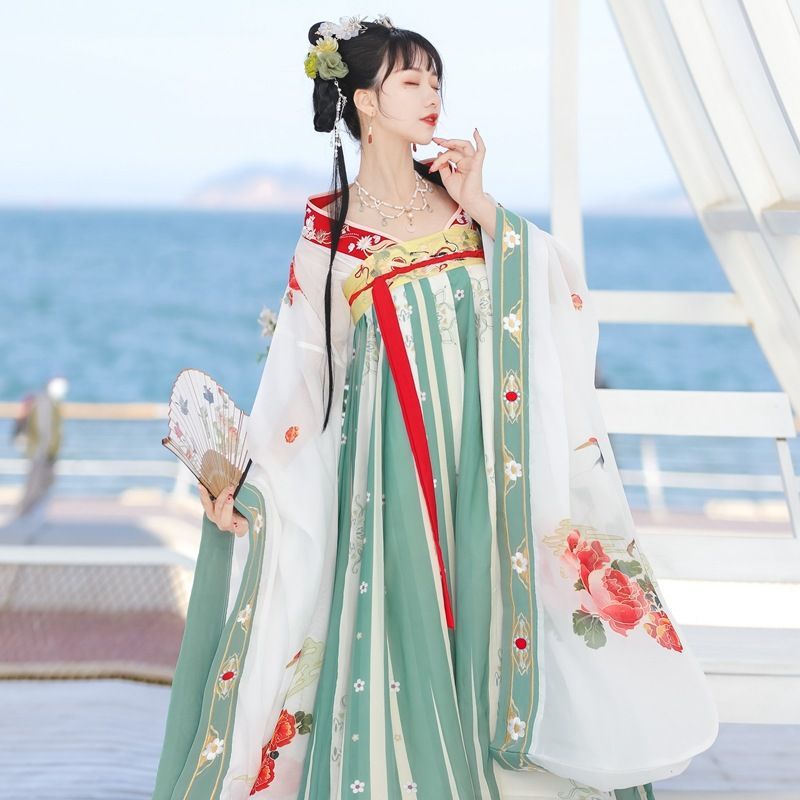 Francoix - Hanfu Set van 2: Geborduurde top met lange mouwen + Maxi-rok met print op de borst