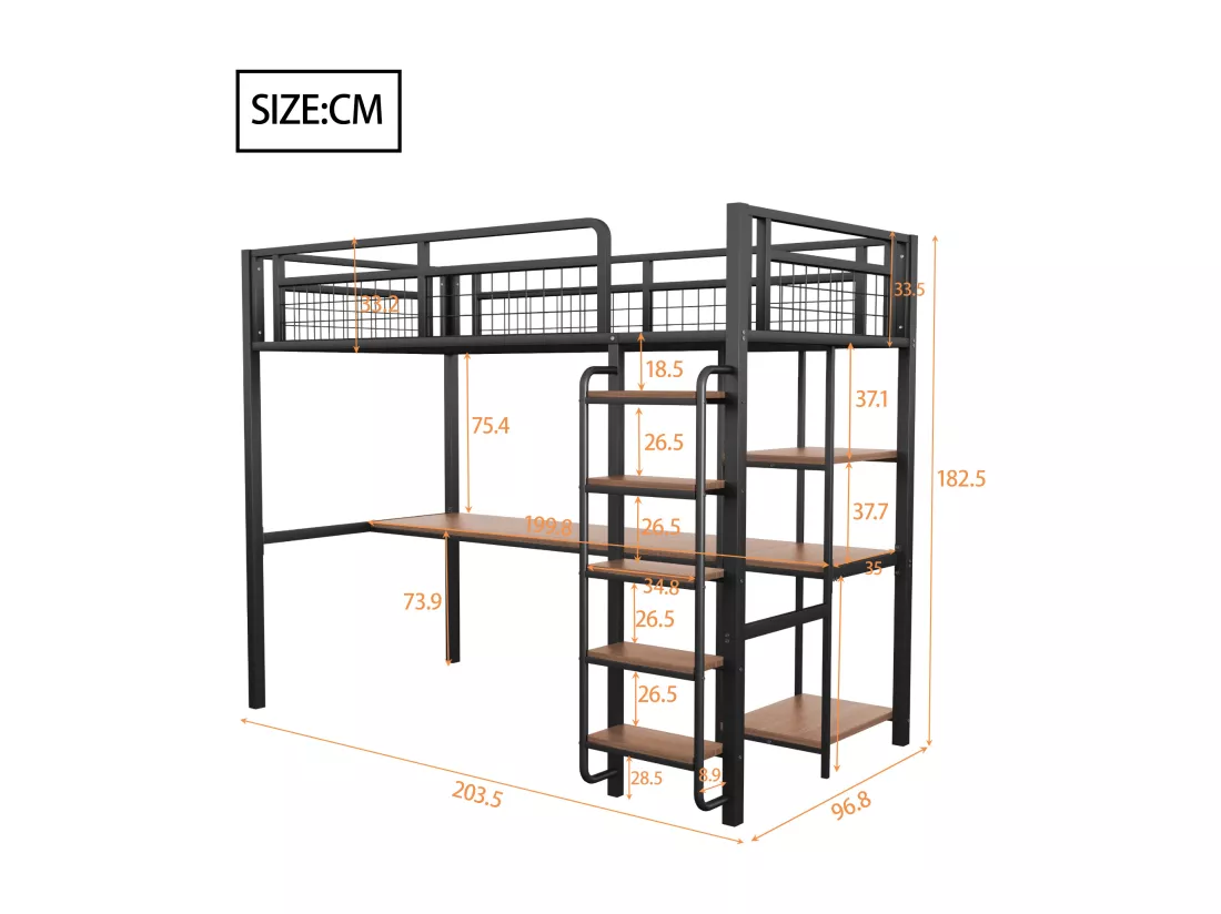 Lit mezzanine 90 x 200 cm avec bureau étagères de rangement - Métal et MDF - pour enfant - Noir