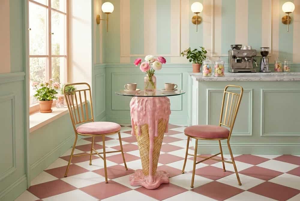 Einzigartiger Bistrotisch ICE CREAM 75cm beige rosa runde Tischplatte Glas handmade