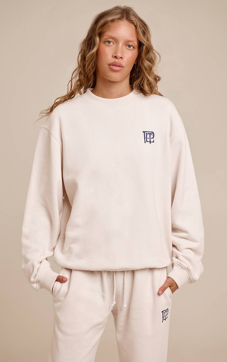 Crème Sweat-shirt Oversize Col Rond En Molleton De Coton Brodé Plt