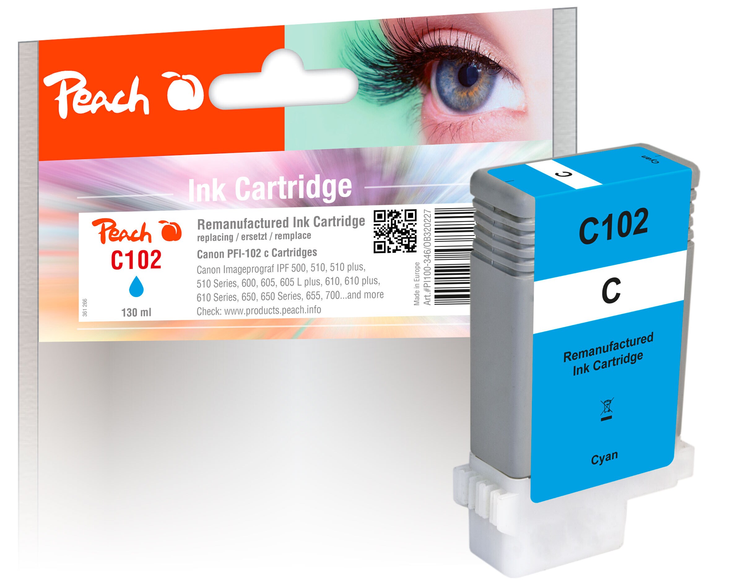 Peach C102 C XL-Druckerpatrone cy ersetzt Canon PFI-102C, 0896B001, 29952628 für z.B. Canon Imageprograf IPF 500, Canon Imageprograf IPF 510 (wiederaufbereitet)