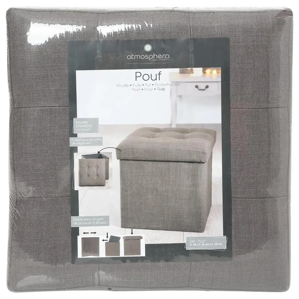 Atmosphera Poef/hocker - opbergbox - donkergrijs - PU/MDF - 38 x 38 cm
