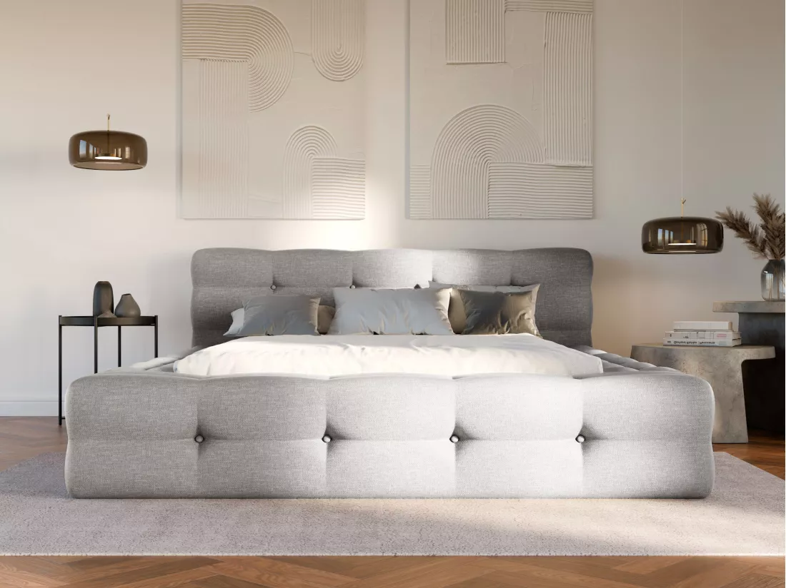 Lit capitonné 160 x 200 cm - Tissu chiné - Gris clair - LERUCO de Pascal Morabito