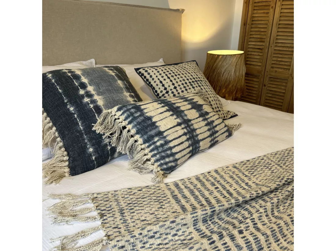 Now's Home - Coussin En Coton Imprime Bleu Mer Passepoil Bleu 45x45cm Galo