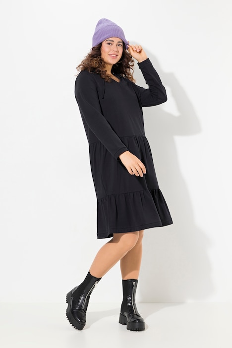 Sweatkleid, Kapuze, A-Linie, V-Ausschnitt, Langarm