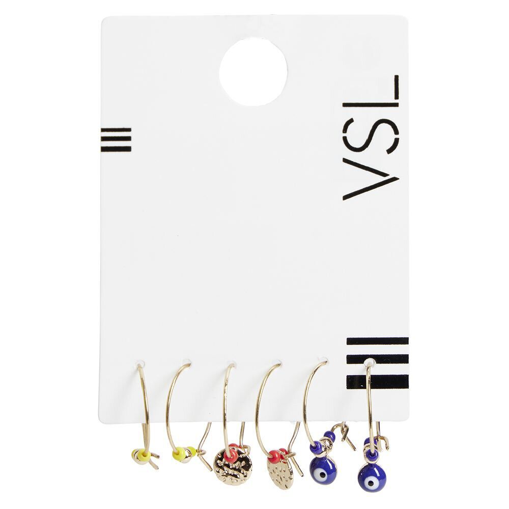 Lot de 3 paires de mini créoles métal doré avec pendentif et perles colorées
