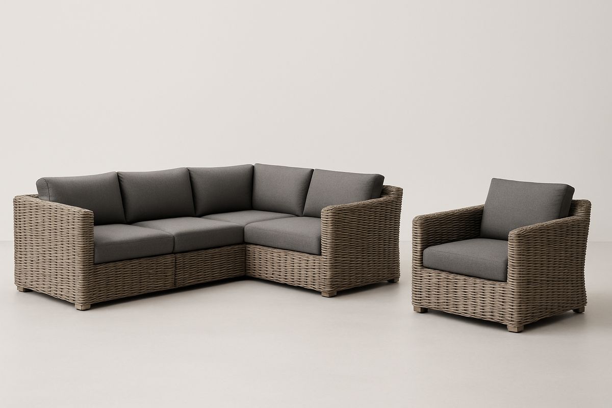 Ecksofa Set Polyrattan Grau Kissen wasserabweisend