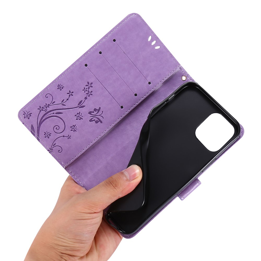 iPhone 12 / iPhone 12 Pro Leder Tasche mit Kartenfach   Handschlaufe Butterfly Flowers - Lila