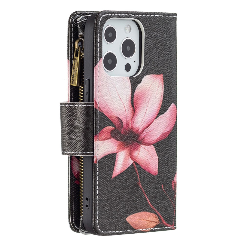 iPhone 13 Pro Leder Wallet Etui Tasche mit 9 Kartenfächern   Münzfach Blume - Schwarz