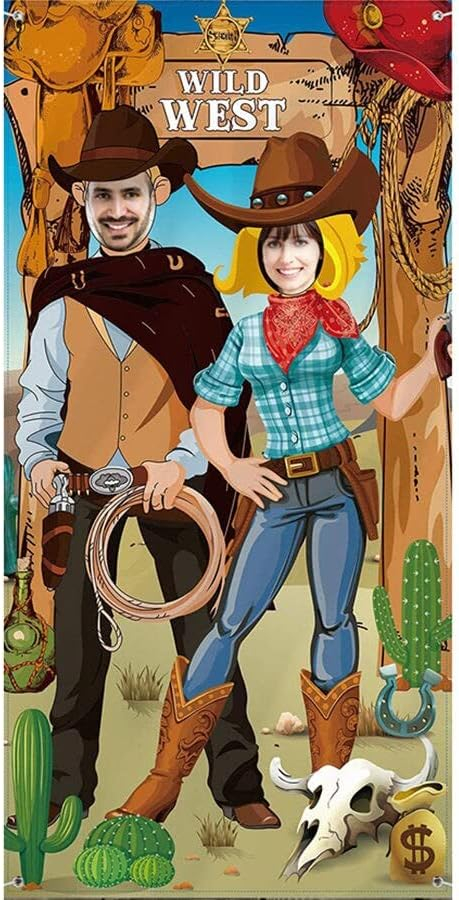 (178x90cm) Photo Booth Fotorequisite Western Country Party Deko Foto Hintergrund Banner für lustige Bilder - Cowboy