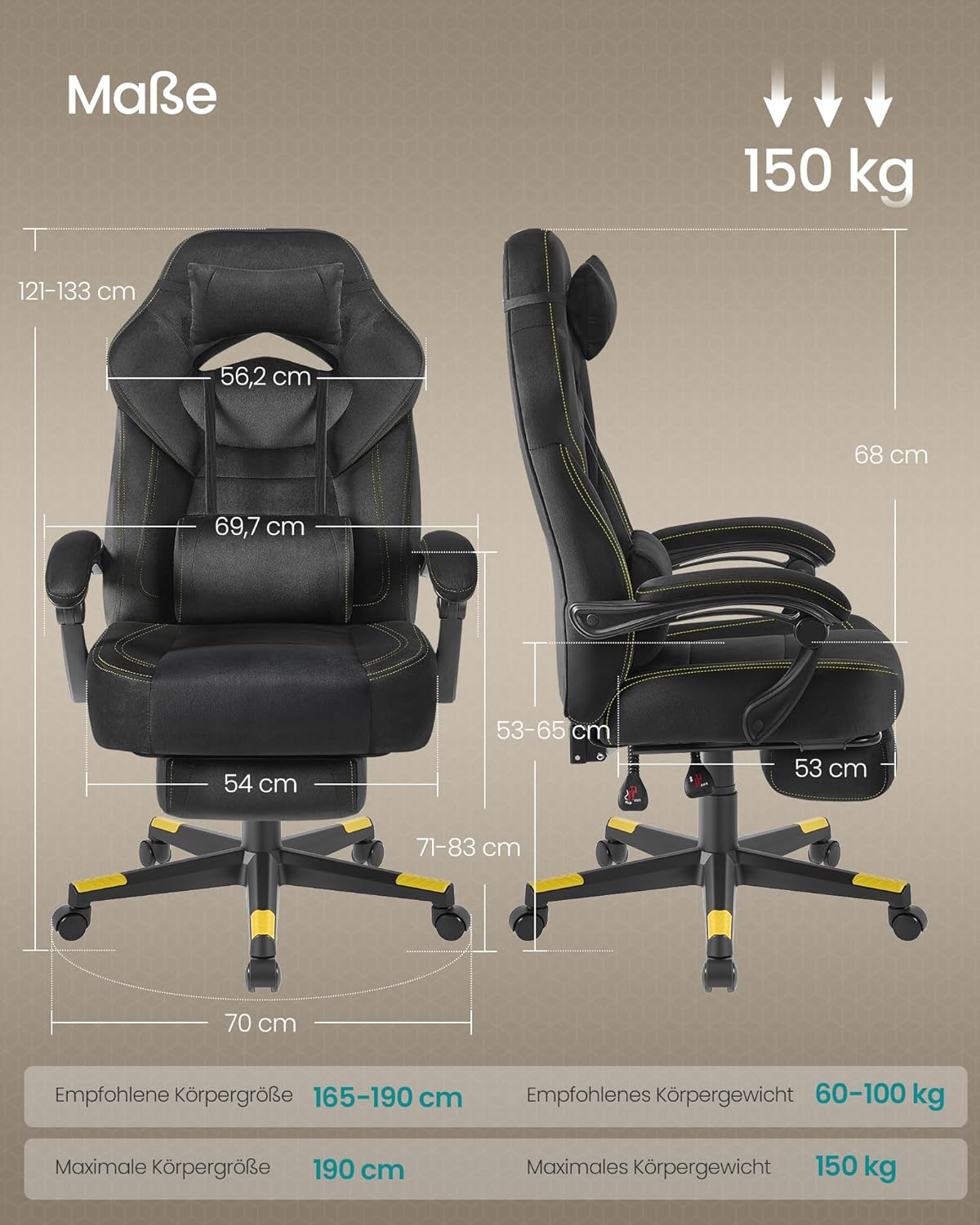 SONGMICS Gaming-Stuhl, Bürostuhl, Computerstuhl, ergonomisches Design, mit Fußstütze, verstellbares Kopfkissen, Lendenkissen, Tragkraft 150 kg, tintenschwarz OBG077B08