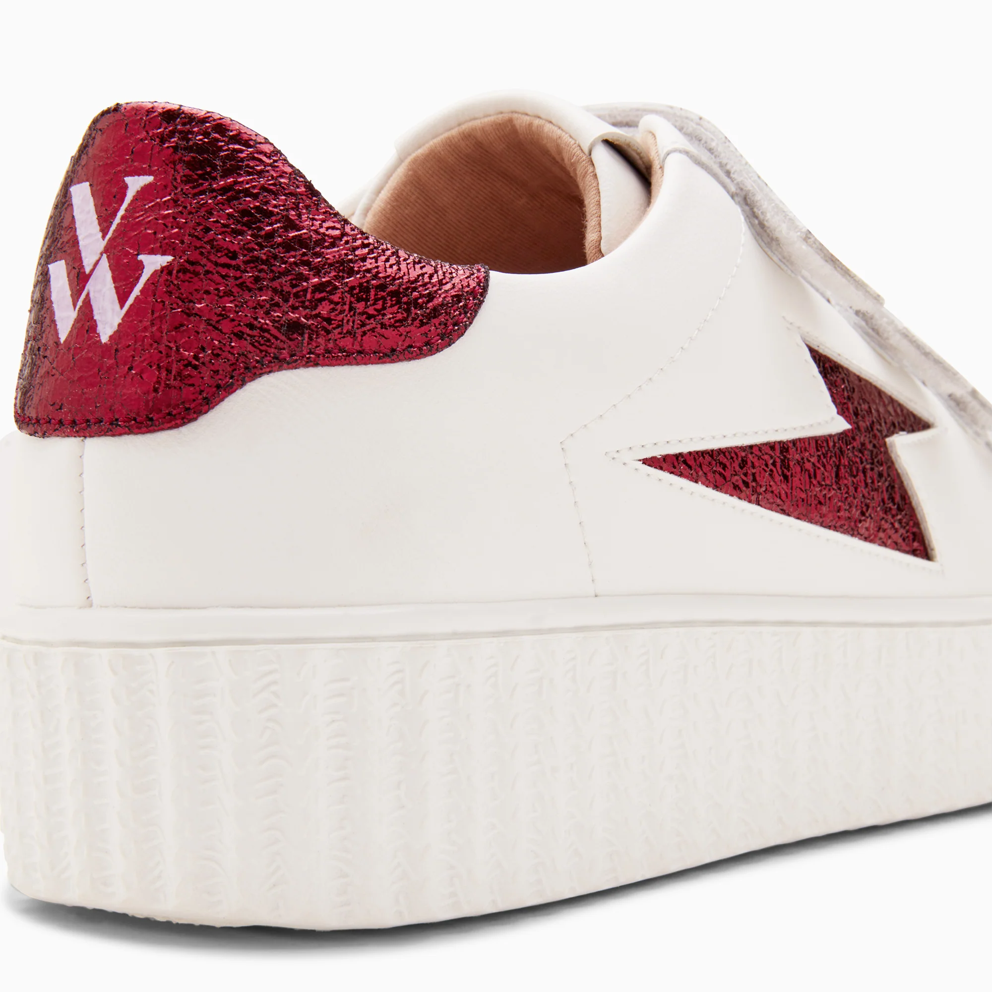 Sneakers-Baskets éclair Kim blanc et bordeaux métallisé à scratchs