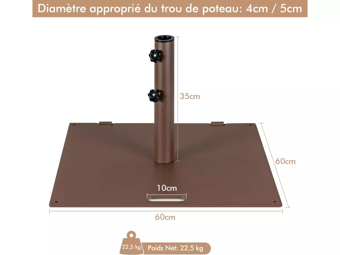 Pied de Parasol Carré de 60 CM, Base de Parasol 22,5 KG, Support de Parasol avec Adaptateurs 4/5cm et 2 Boutons de Serrage, 2 Roues Intégrées, Poignée de Transport, pour Patio, Jardin, Piscine