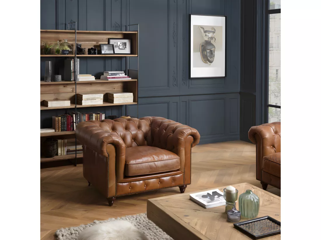 GASTON - Fauteuil marron CHESTERFIELD capitonné vintage 1 place cuir pieds bois