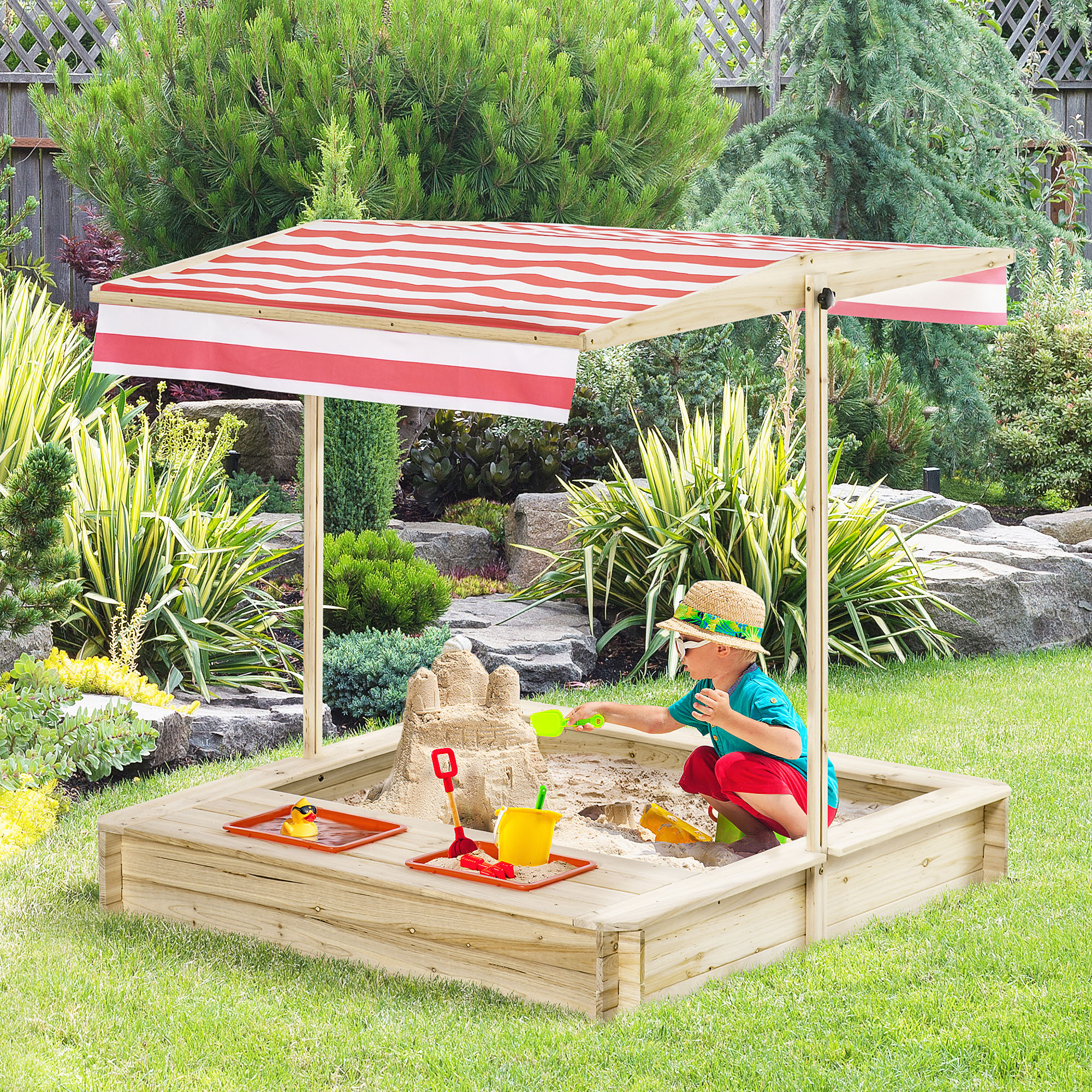 Caixa de areia infantil de madeira Outsunny com teto inclinável ajustável em altura e 2 bandejas auxiliares, caixa de areia para jardim para crianças a partir de 3 anos, 118x118x118 cm, natural e vermelha.