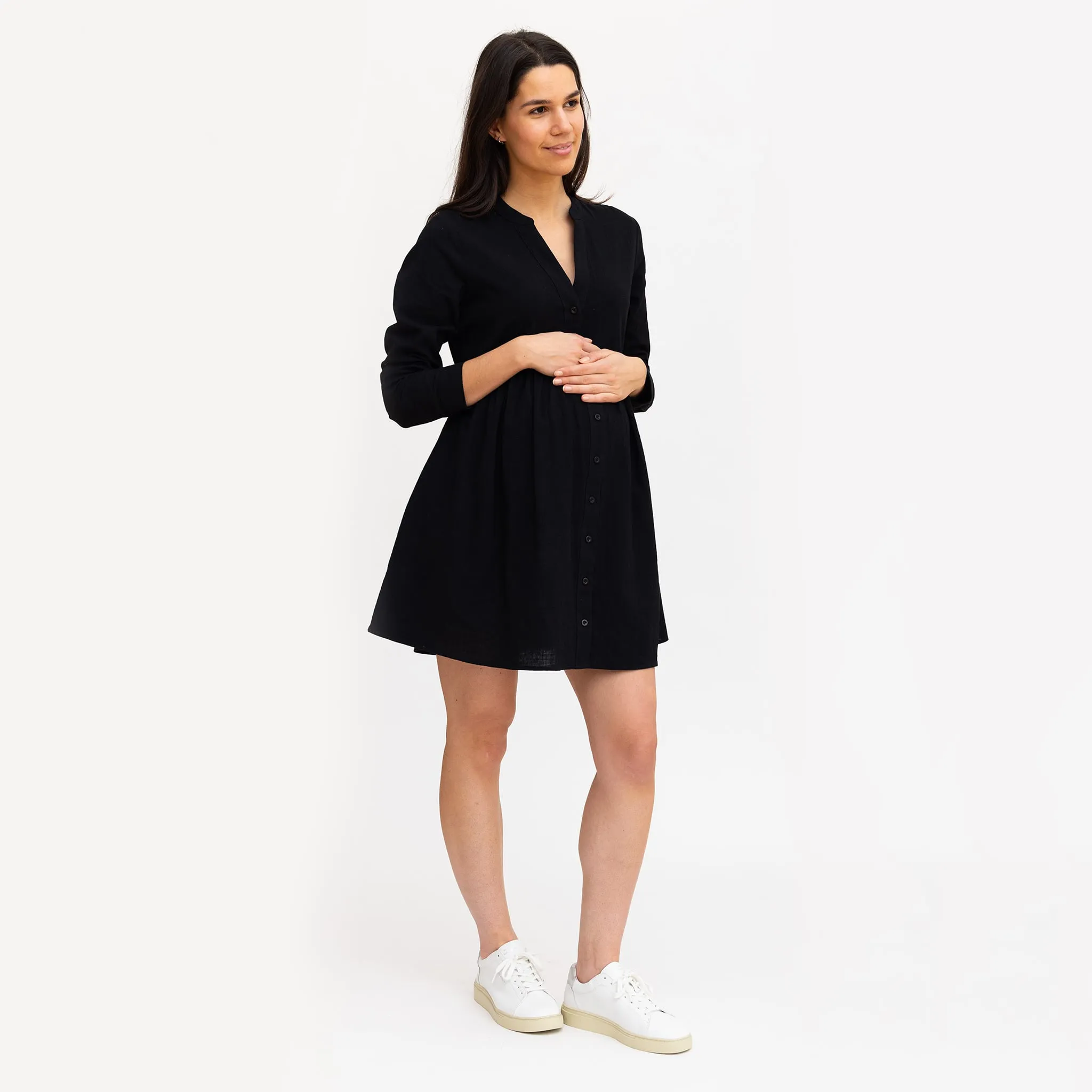Bella Maternité Robe Boutons Mélange Lin Noire