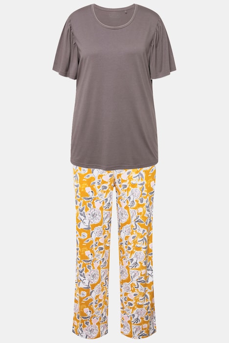 Pyjama, Blüten, U-Boot-Ausschnitt, Halbarm, Taschen