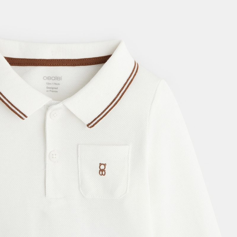 Polo piqué uni manches longues blanc bébé garçon