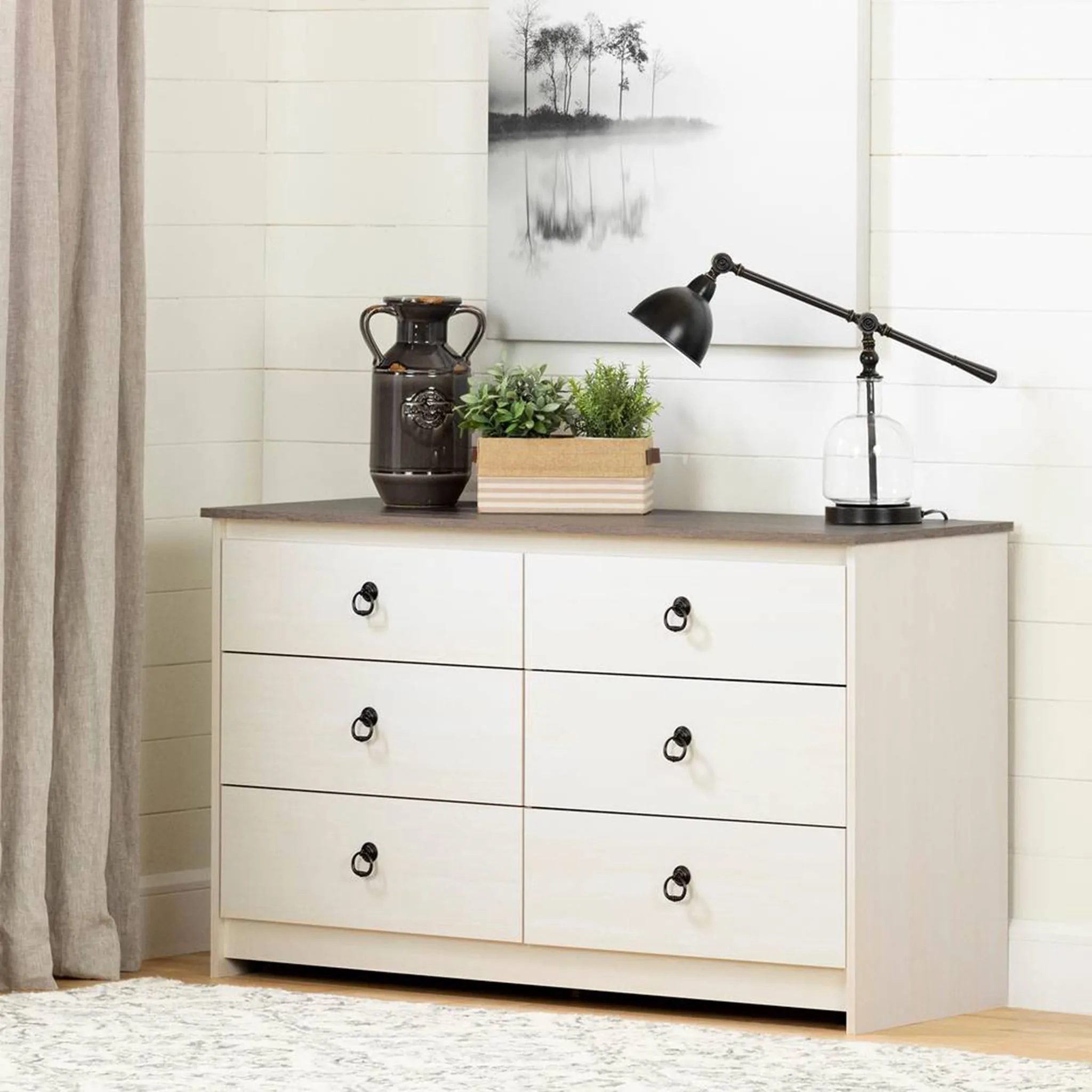South Shore Commode Plenny de Rangement Double avec 6 Tiroirs - Blanc Antique  Chêne Rustique