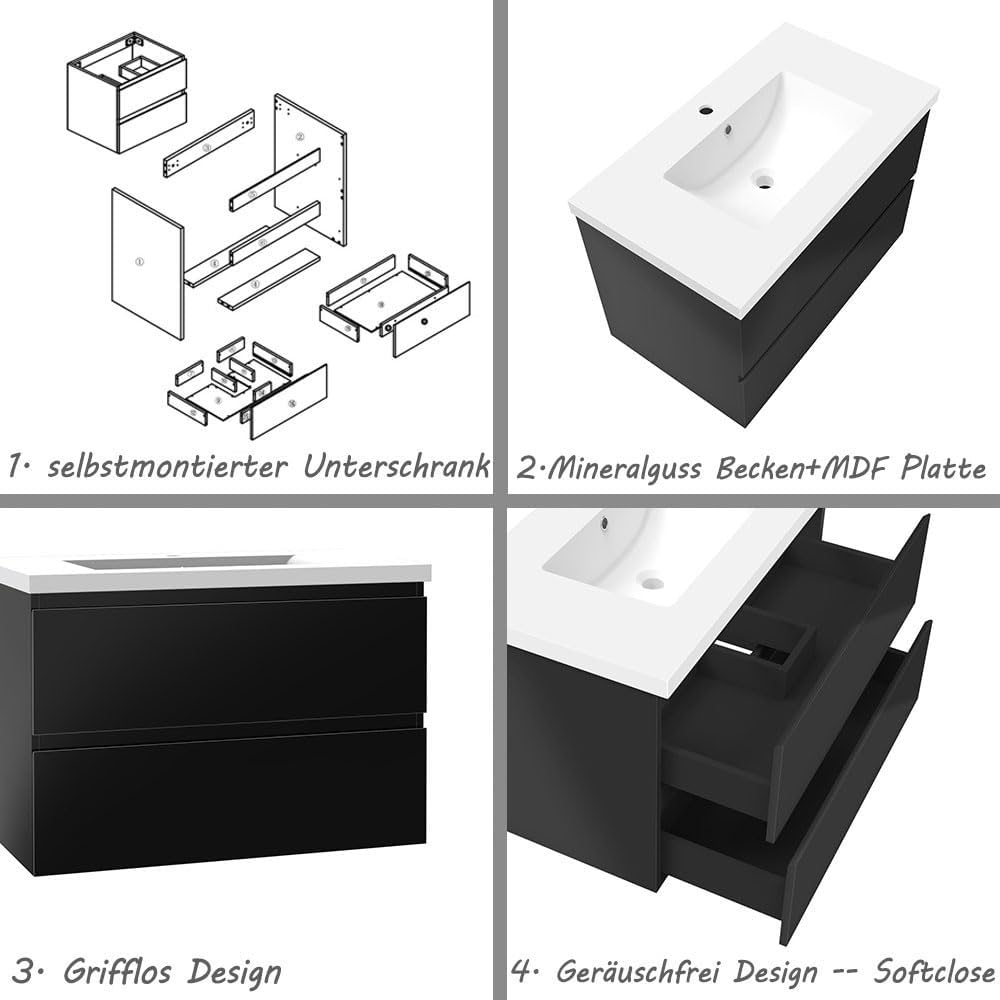 Badezimmermöbel 80cm Mineralguss Waschtisch mit Unterschrank Badmöbel Set Badezimmerschränke mit 2 Soft-Close Schubladen Hochglanz Schwarz