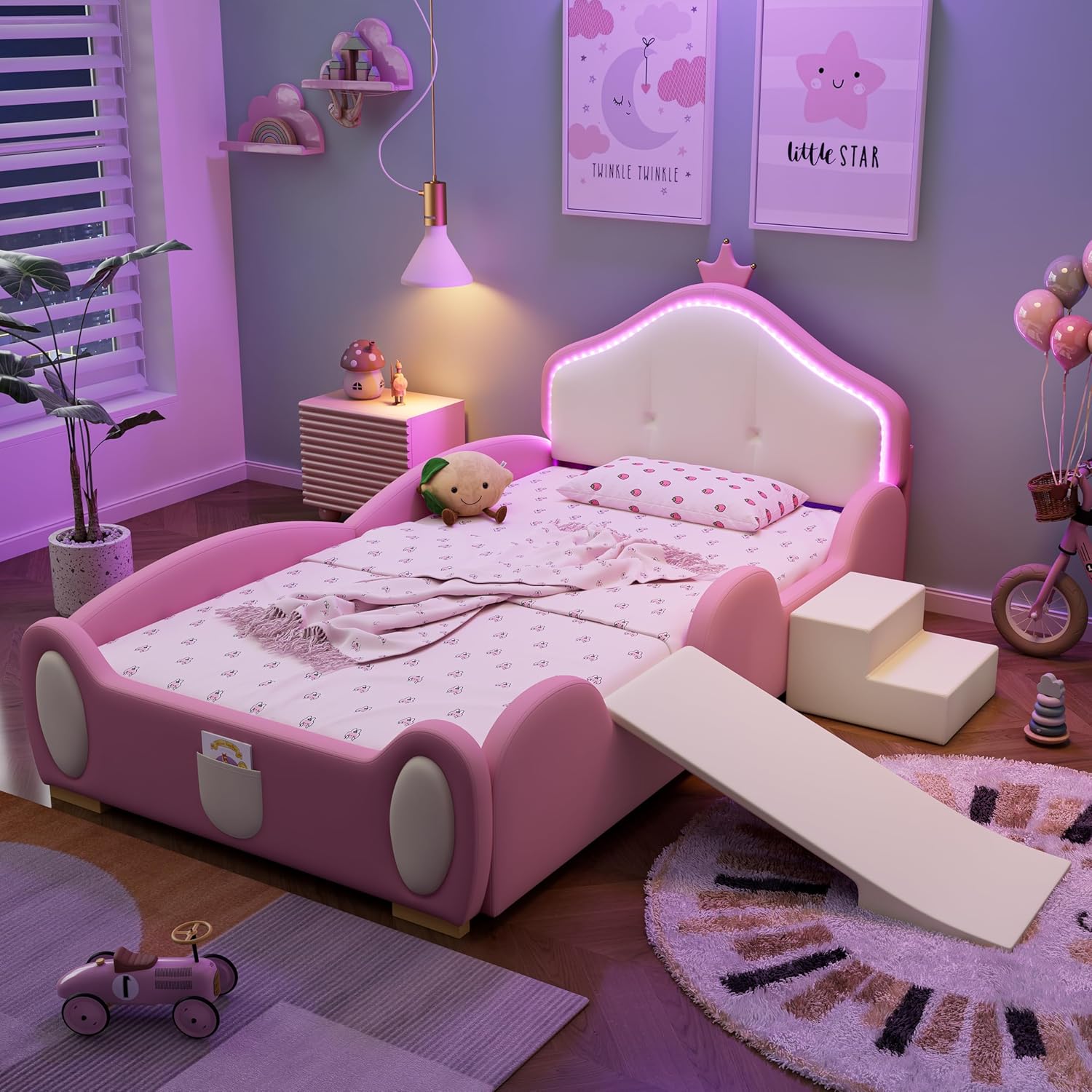 Polsterbett, Crown Cartoon Bett mit mehrfarbigem Multi-Mode-LED-Streifen, Kinderbett mit Kleiner Rutsche und Treppe, mit schützenden weichen Kanten, mit Holzlatten, PU, Rosa + Beige, 90x200cm