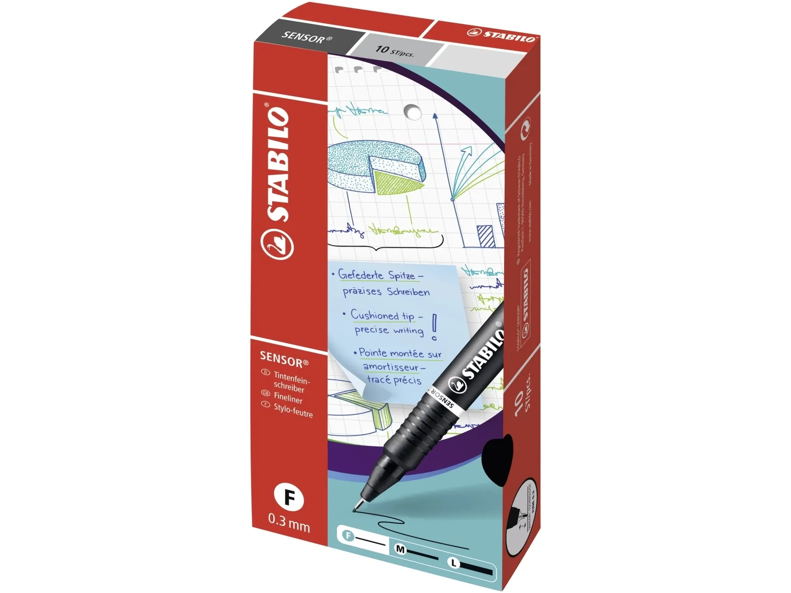 Fineliner Stabilo Sensor 189 sort 0,3 mm - (10 stk.)