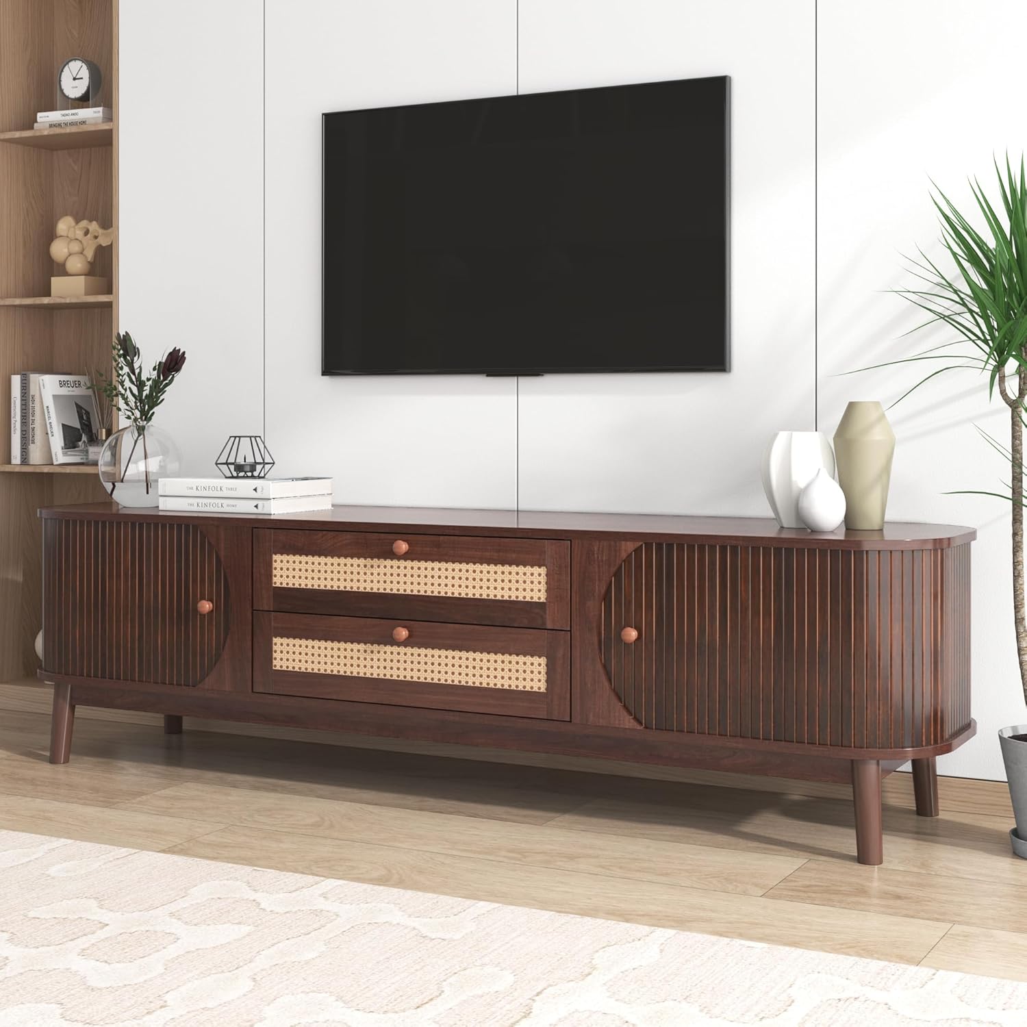 Merax TV Ständer, Lowboard TV Board mit 2 Schubladen und 2 Schiebetüren aus Massivholz, TV-Schrank mit Rattan, Landhausstil Sideboard, Fernsehschrank für Wohnzimmer Esszimmer, 170cm, Braun