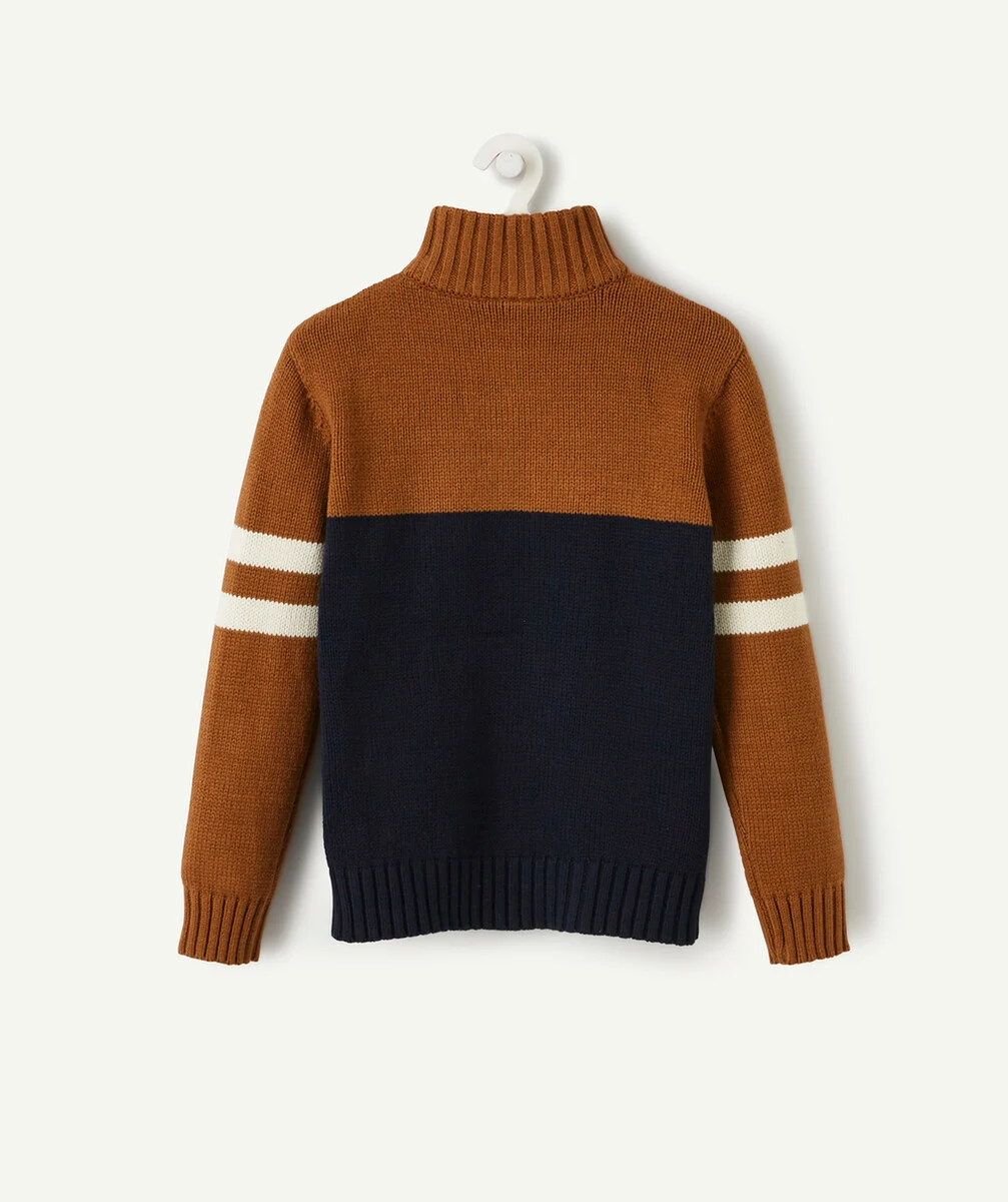 LE PULL EN TRICOT MARRON BLEU ET BEIGE AVEC ZIP ET ANIMATION