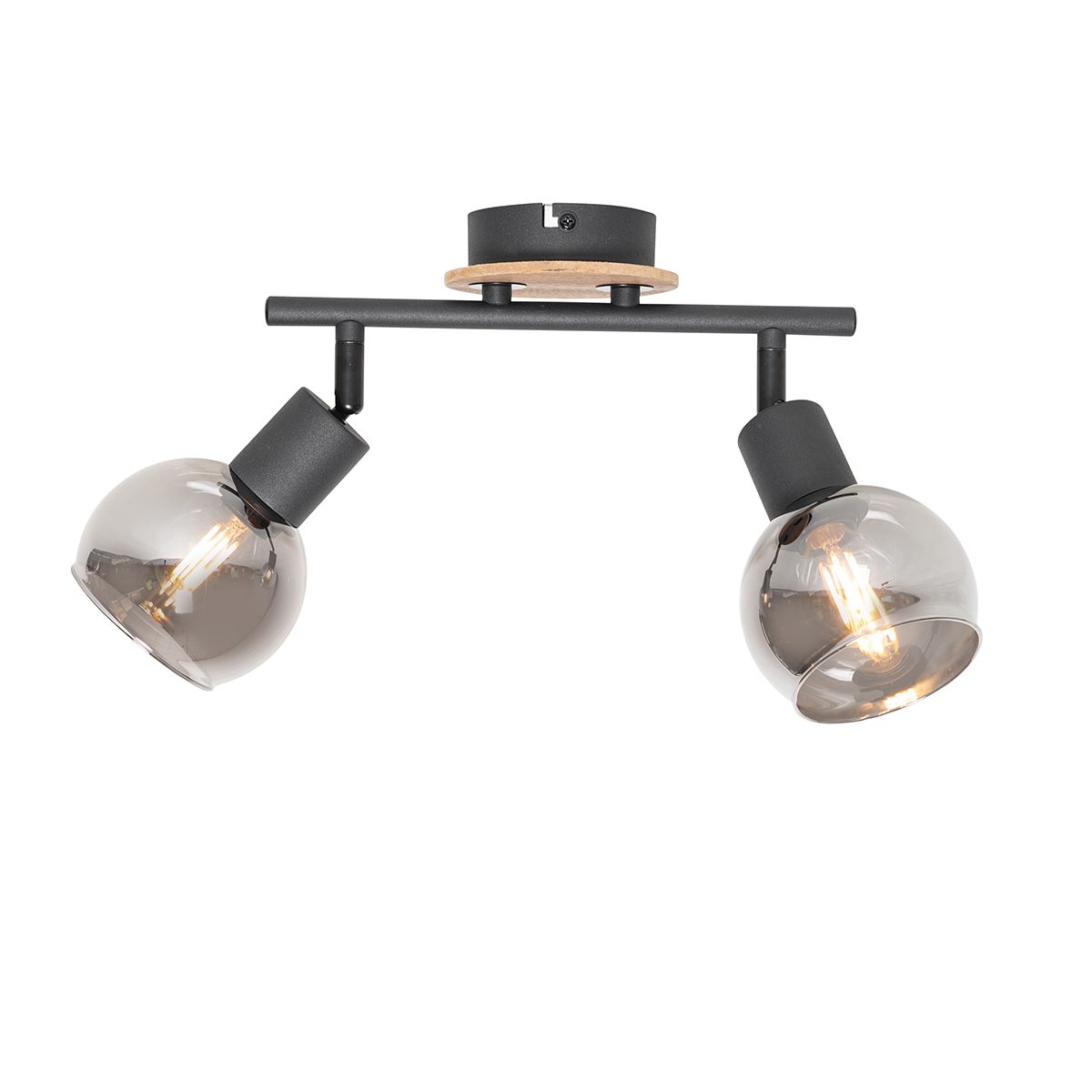 Plafondlamp zwart met smoke glas en hout 2-lichts - Vidro