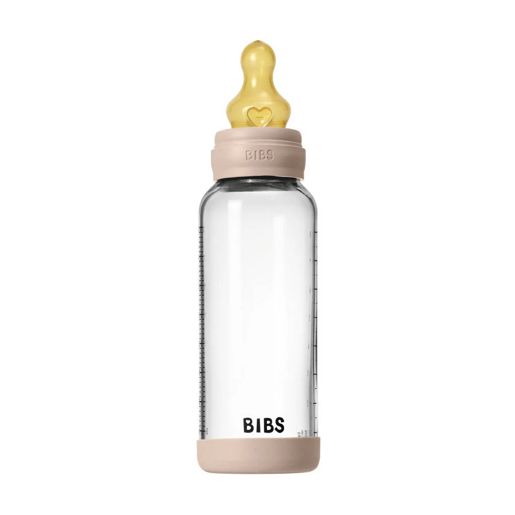 BIBS Glazen Babyfles - 240 ml - Blush - met latex speen en opvouwbare trechtertje
