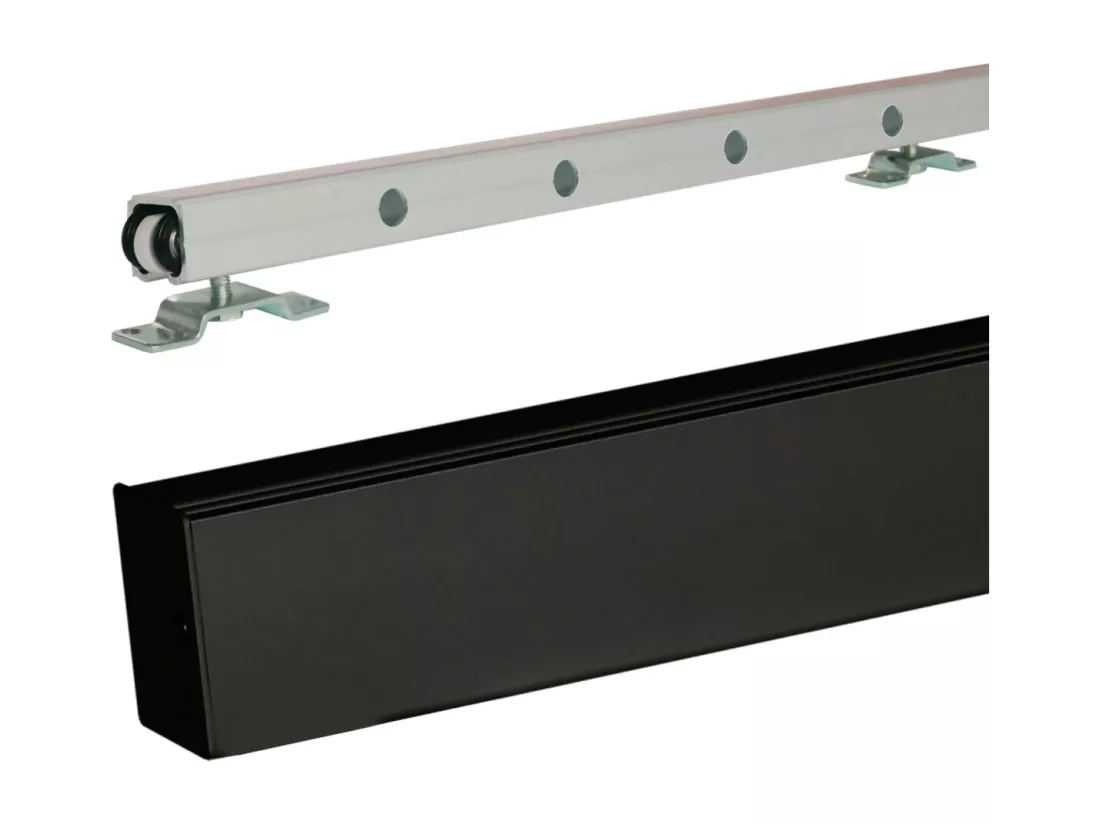 Porte Coulissant Atelier Noir Vitre Depoli H204 X L73 + Rail Alu Bandeau Noir Gd Menuiseries