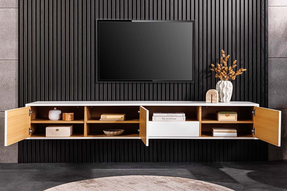 Hängendes TV-Board LOFT 200cm weiß natur sieben Fächer mit Schublade