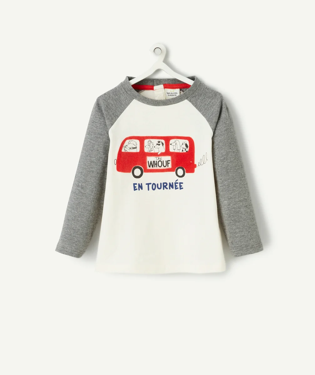T-SHIRT BÉBÉ GARÇON EN COTON BIO GRIS ET BLANC THÈME BUS