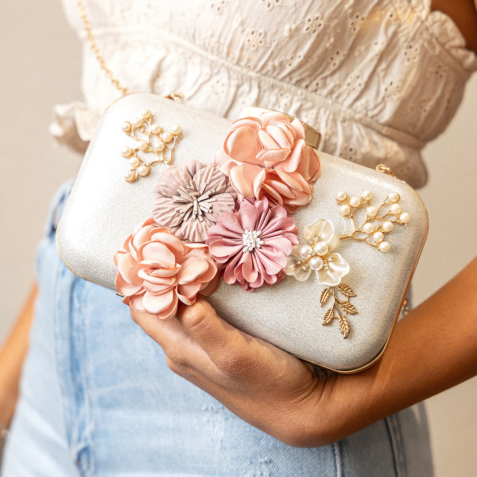 Steuer Modeschmuck Handtasche Perlen, Glassteine mit Blumenzierde