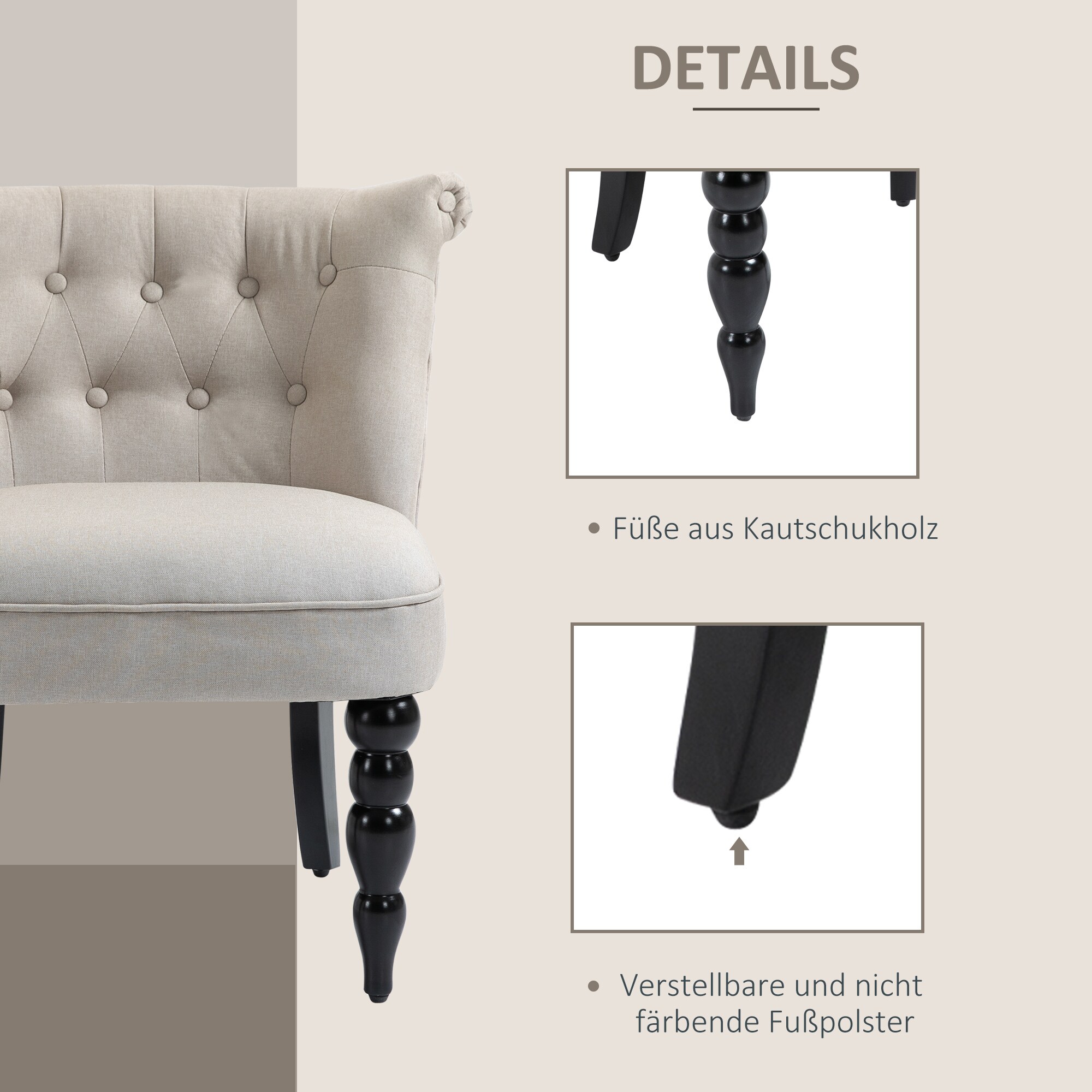 HOMCOM Polstersessel mit Knopfdesign beige, schwarz 67 x 67 x 78 cm (LxBxH)