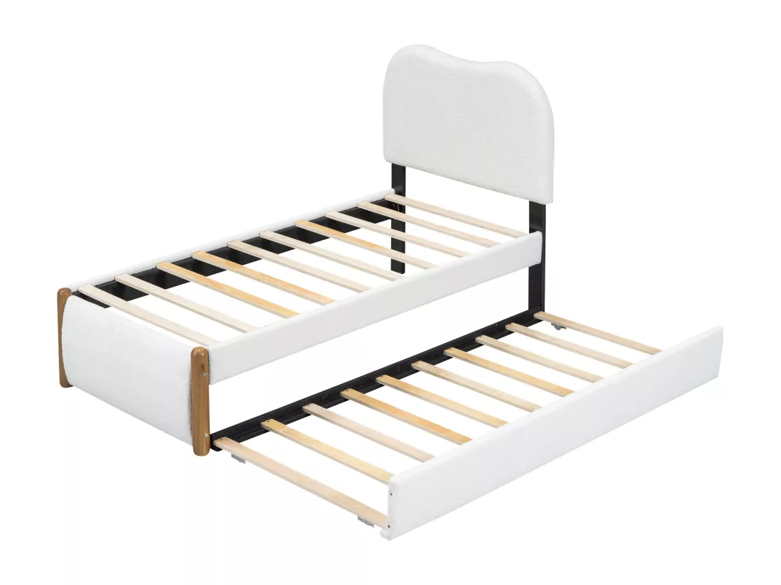 Lit gigogne 90 x 200 cm + 90 x 190 cm - style moderne - tissu en peluche - sommier à lattes - blanc