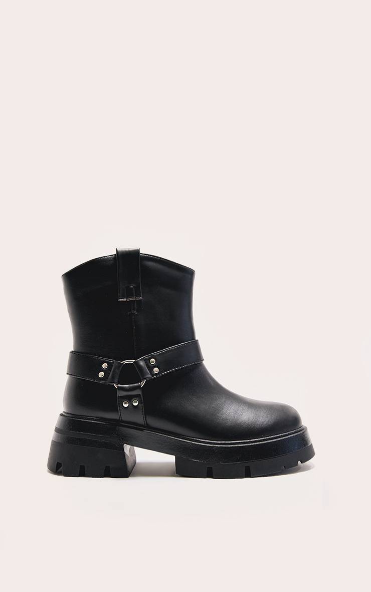 Noir Bottines À Semelle Crantée Avec Détails Boucle Et Anneau - Coupe Large