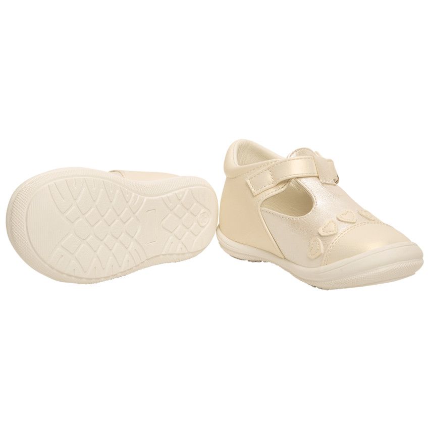 Salomés en cuir nacré avec patchs cœurs pour bébé fille - Blanc