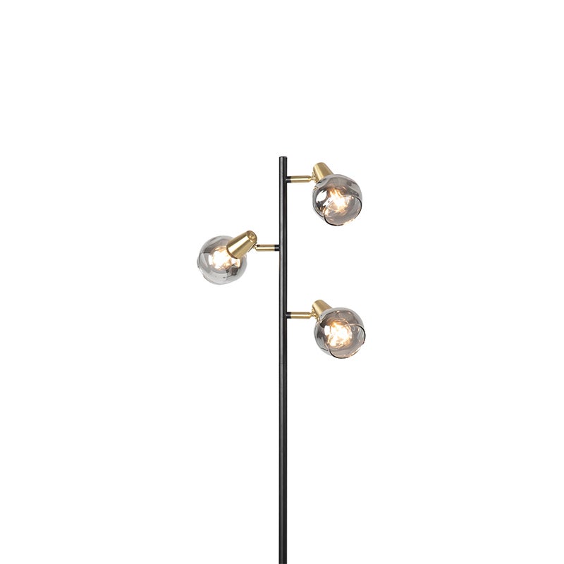 QAZQA - Art Deco vloerlamp | Staande lamp | Vloerlamp | Lamp | Licht, zwart en goud | Messing met gerookt glas, 3-lichts - Vidro | Woonkamer | Slaapkamer - Staal, langwerpig - LED-compatibel