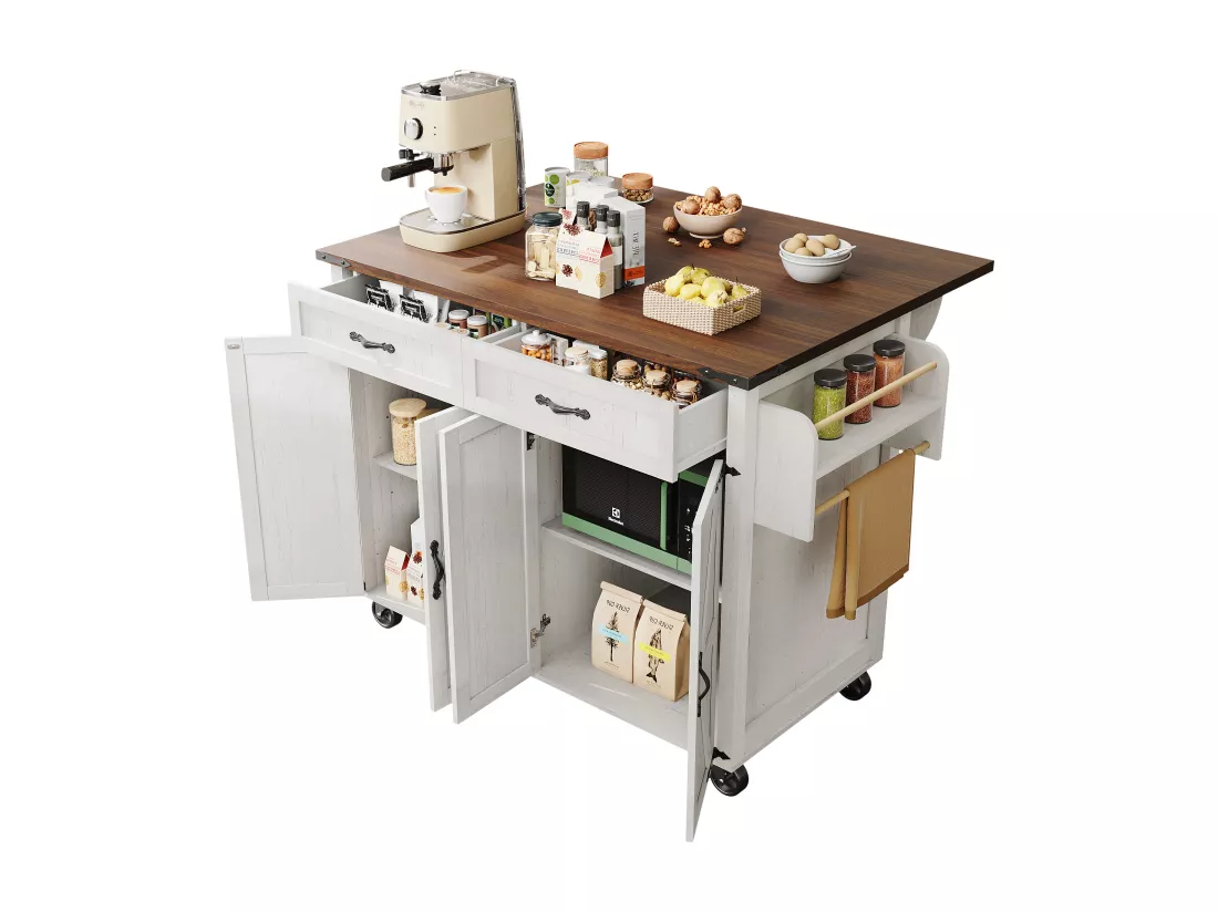 Ilot central de cuisine mobile avec 4 portes et 2 tiroirs - plateau extensible - 140 x 45/73 x 93 cm - Bois MDF + métal - Blanc + naturel