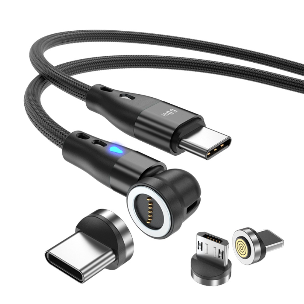 (2m) 60W 3in1 USB C auf USB C / Micro USB / Lightning Ladekabel Magnetisches Nylon 180° Datenkabel mit LED - Schwarz