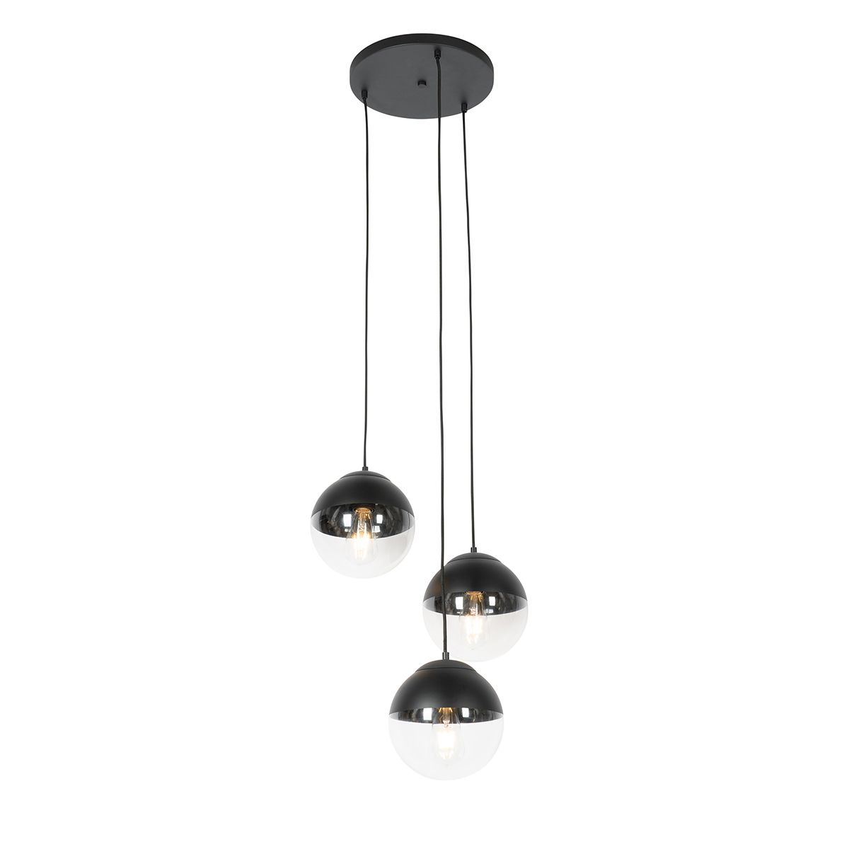 Retro hanglamp zwart met helder glas rond 3-lichts - Eclipse