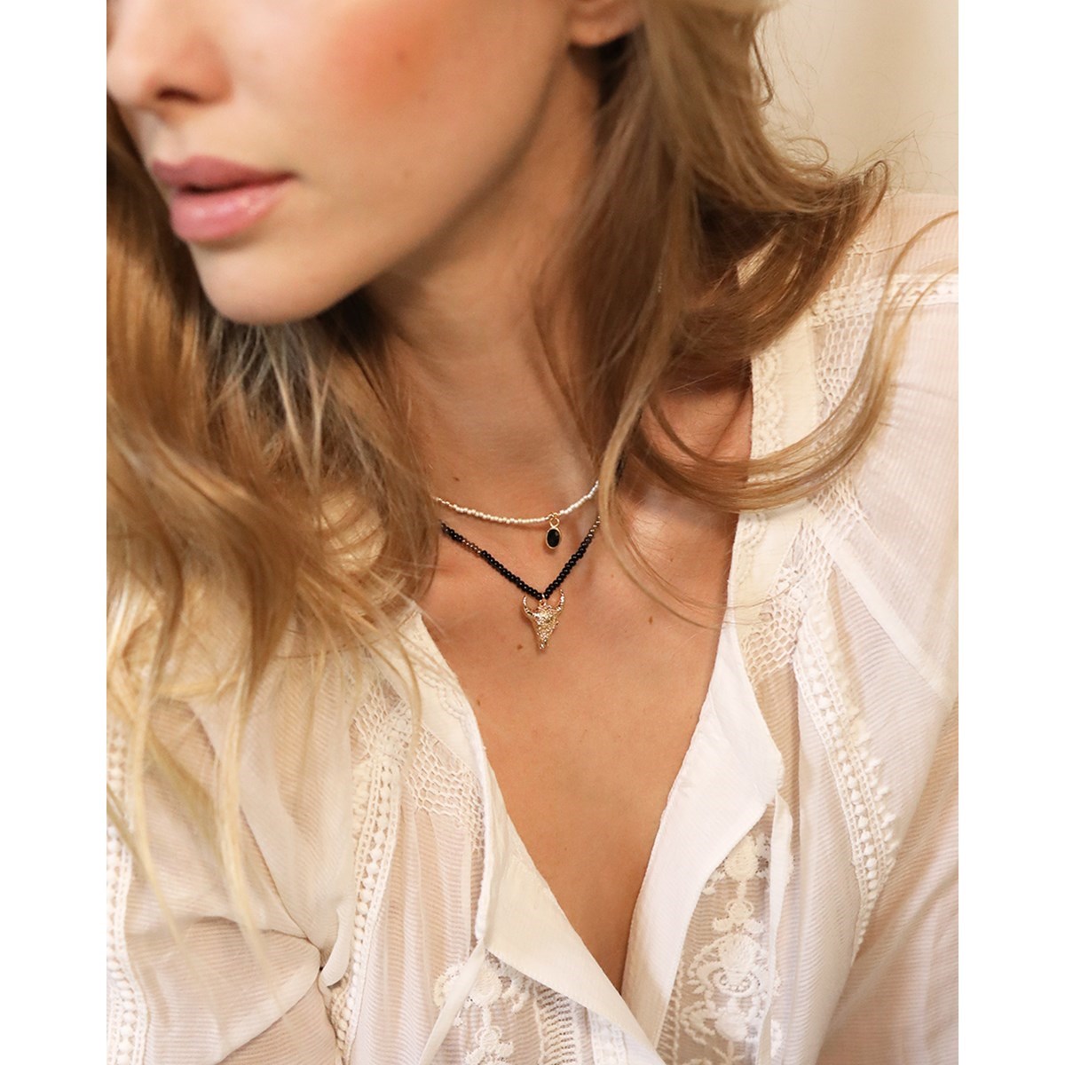 Collier perles miyuki bleu pierre agate rouge LITTLE INDIA
